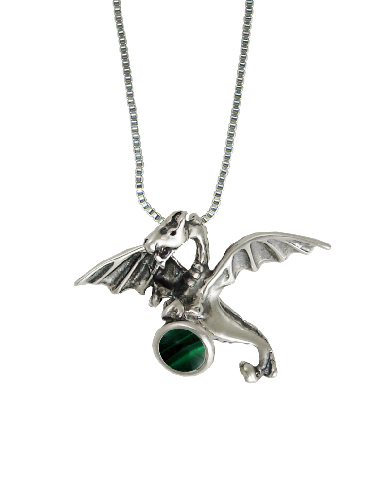 Sterling Silver Flying Dragon Pendant With Malachite